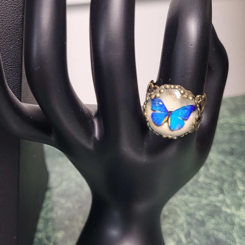 Bronze Necklace and Ring Set with Blue Butterfly Design